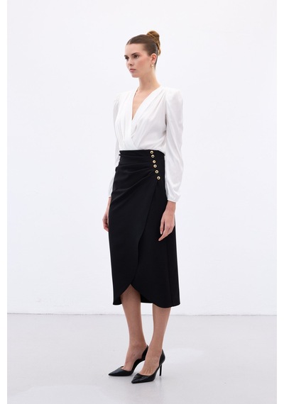 Sateen Düğme Detaylı Kalem Etek - Siyah-136776 Siyah