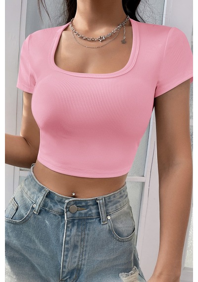 Angbutik Kadın Pembe Yarım Kol Düz Yaka Crop Top Bluz