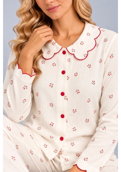 Pijamask Kadın Çiçek Desenli Bebe Yaka Düğmeli Uzun Kollu Müslin Pijama Takımı Krem