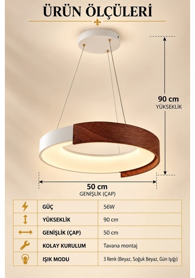 Premıum Modern Ahşap Görünümlü Halka Led Sarkıt Avize 3 Renk Dekoratif Aydınlatma 56w 50 Cm Beyaz