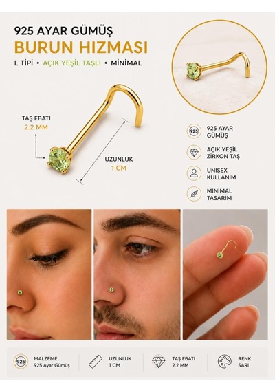925 Ayar Gümüş Yeşil Taşlı Sarı Renk Burun Hızması Piercing Minimal L Şekilli Unisex Nose Stud