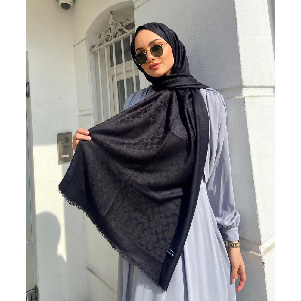 Miorel Scarfs C Desen Çift Taraflı Kaşmir İpek Şal 4 Mevsim Pamuk Şal Siyah