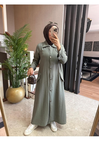 Esra Butik78 Haki Renk Büyük Beden Uyumlu Yazlık Paraşüt Kumaş Tesettür Elbise