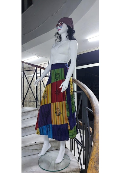 Hint Etnik Kadın Patchwork Desenli Anvelop Etek 95 Cm Sarı