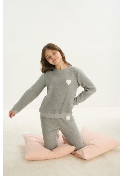 Kız Çocuk Garson Uzun Kol Polar Gri Melanj Pijama Takım C0t5n7o8 001