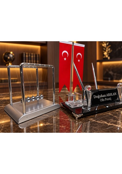 Velora Prestıge Newton Sılver 3 Parça Kişiye Özel Çift Kalemli Kristal Masa İsimliği Seti Siyah