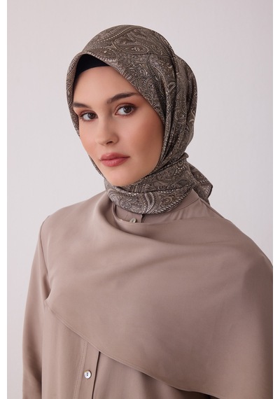 Belli Etnik Desen %100 Twill İpek Eşarp Be04 Vizon