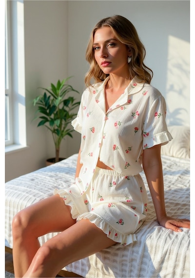 Bella Notte Çiçek Baskılı Fırfırlı Pijama Takımı Ekru