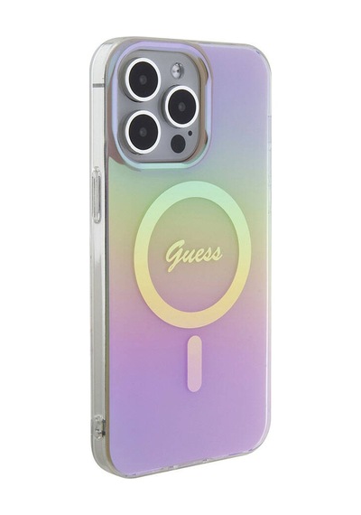 Apple Uyumlu iPhone 15 Pro Max Kılıf Guess Lisans Magsafe Şarj Özellik Yazı Logo Iridescent Siyah