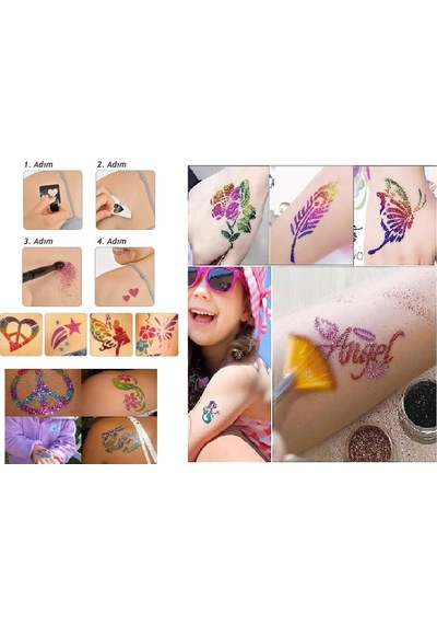 Simli Dövme Glitter Tattoo Kit 10 Tüp Sim 100 Şablon Hediyeli