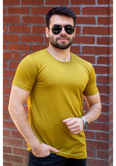Azıcık Akıllı Erkek Koyu Sarı Basic Rahat İnce Petek Kumaş Spor Tshirt 22etshport 001