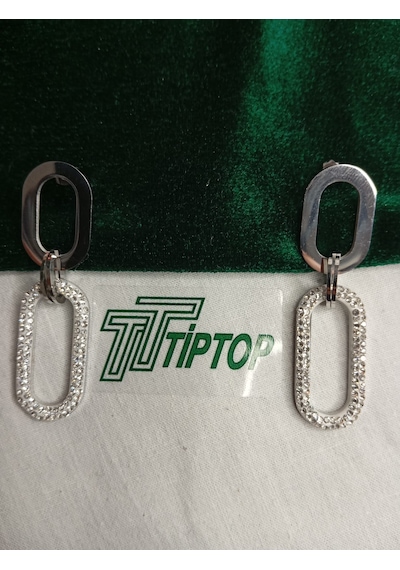 Tiptop/ / Gümüş Renk Zirkon Taşlı Sallantılı Model Çelik Küpe Gümüş