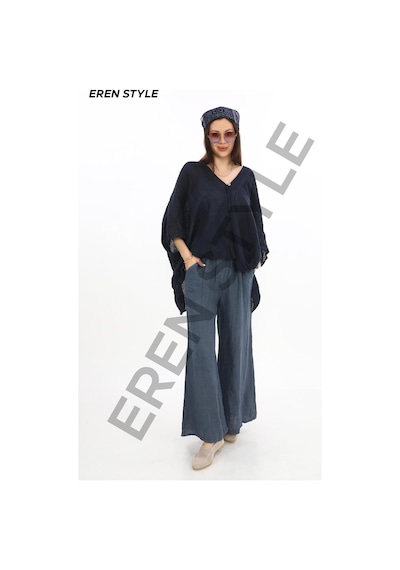 Eren Style Bohem Kuruvaze Tek Düğmeli Keten Bluz-9884 Lacivert