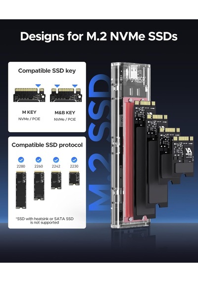 Type-c Nvme M.2 Gen2 10gbps Ssd Hdd Şeffaf Harddisk Kutusu, Kırmızı, Tcm2-c3-rd