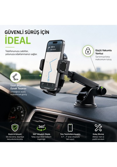 Uzun Boyunlu Araç İçi Telefon Tutucu Güçlü Vantuzlu Evrensel