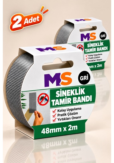 2 Adet Yapışkanlı Gri Sineklik Tamir Bandı 48 Mm X 2 Metre Yaması Tülü Bantı Delik Onarımı Yapıştırma 48 x 48