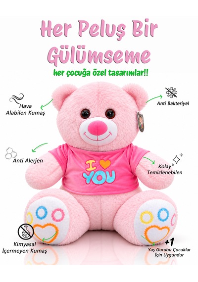 Ayıcık Elbiseli Ayıcık Yeni Seri Renkli 60cm - I Love You & Hediyelik Ayıcık Peluş Oyuncak Açık Pembe