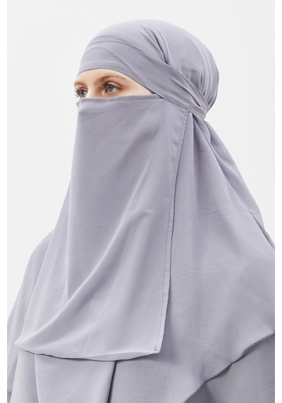 Altobeh Hazır Pratik Şifon Üç Katlı Peçeli Üçgen Hac Umre Şalı Sufle Hijab Nikap Gri