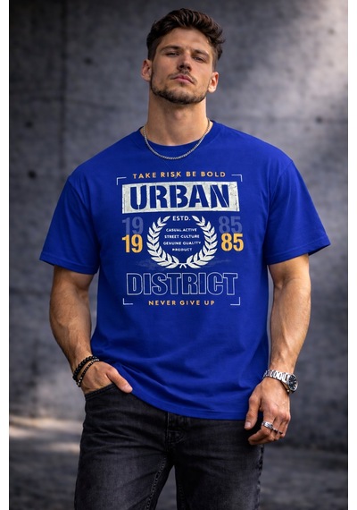 Herkesemoda Dıstrict Yazı Detaylı Basic T-shirt Mavi