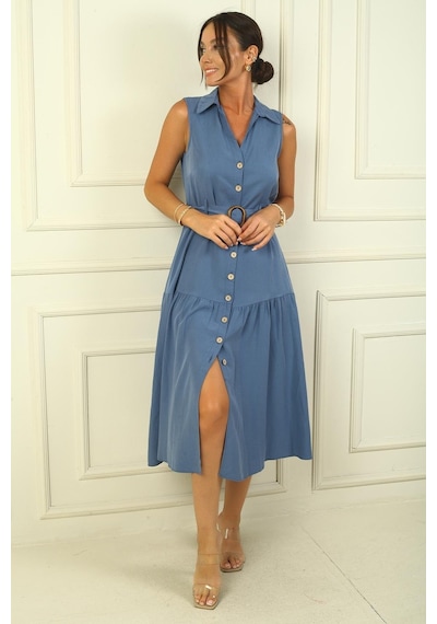 By Saygı Önü Düğmeli Beli Kuşaklı Uzun Elbise-38571-indigo İndigo