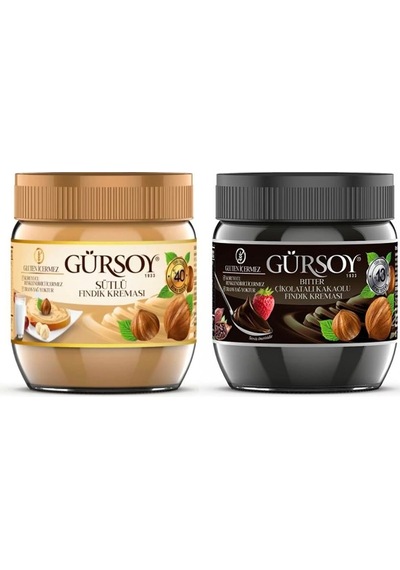Gürsoy Bitter Çikolatalı Kakaolu Fındık Kreması 400g & Gürsoy Sütlü Fındık Kreması 400g Cam Kavanoz