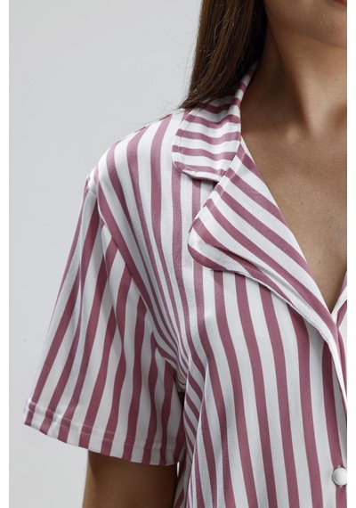 Kompedan Kadın Çizgili Önden Düğmeli Pijama Takım Mor Çzg Mor