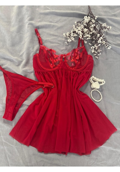 Mh Moony Homewears Gilmore Boys Kalp Detaylı Gecelik Harikaa Kırmızı