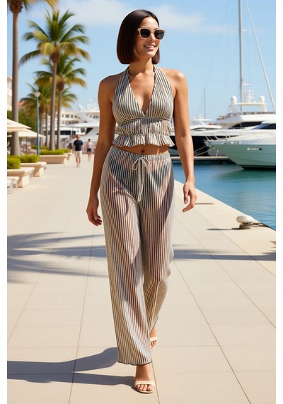 Benerly Kadın Büyük Beden Halter Yaka Crop Top Pantolon Takımı Simli Örme Çok Renkli