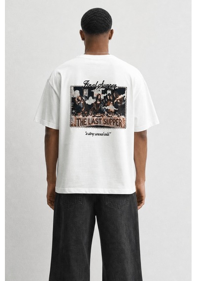 Respire Erkek Final Supper Nakışlı Oversize T-shirt Ekru