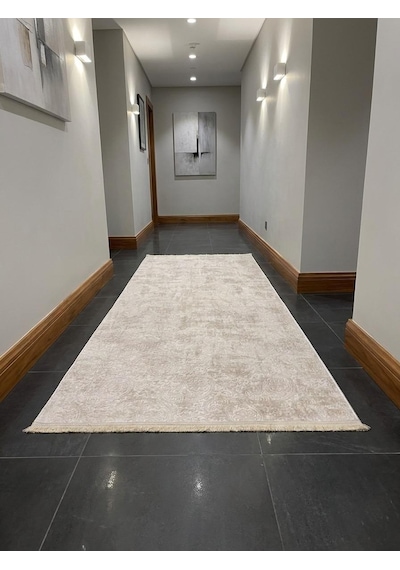 Kaymaz Tabanlı Saçaklı Yıkanabilir Leke Tutmaz Kesme Kabartmalı Salon Koridor Mutfak Halısı Vizon