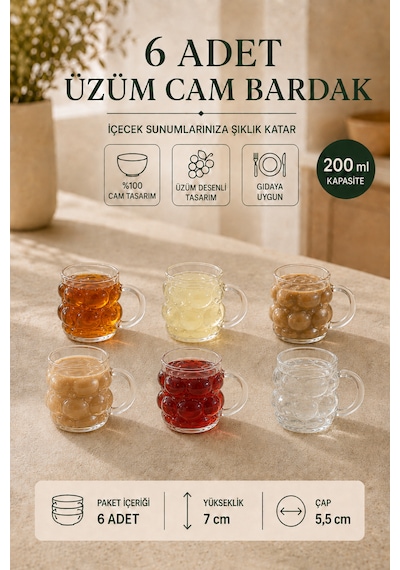 6 Adet Üzüm Desenli Borosilikat Cam Bardak Seti 200 Ml Kulplu Çay, Kahve, Soğuk Kahve Ve Meşrubat Bardağı Şeffaf