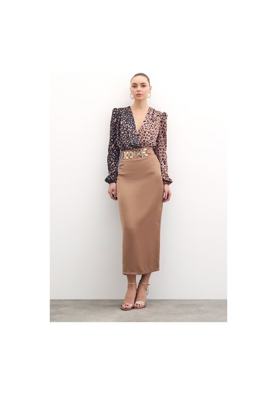 Sateen Gold Aksesuarlı Uzun Etek - Vizon-135889 Vizon