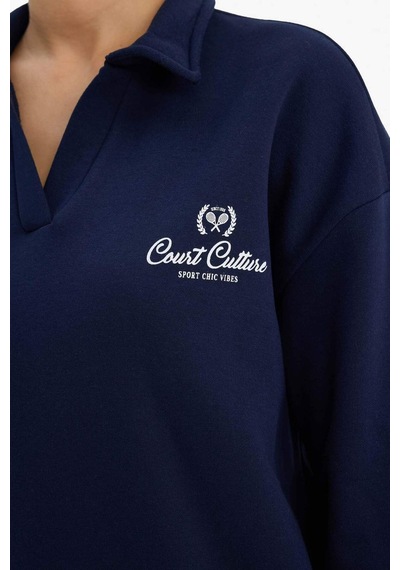 Defacto Relax Fit Polo Yaka Baskılı Kalın Sweatshirt G7014ax25wnnv251 Lacivert-nv251
