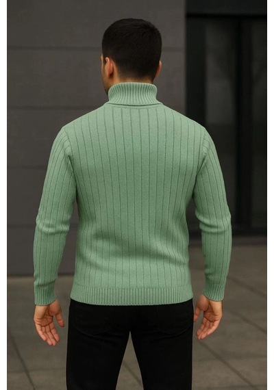 Butik İstanbul Erkek Balıkcı Yaka Bağazlı Triko Kazak Pamuklu Kalın Fitilli Dokuma, Regular Fit Uzun Kollu Kışlık Model - Mint Yeşili