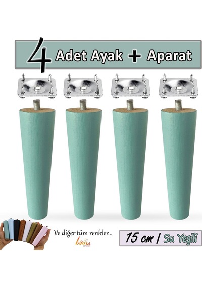 4 Adet Ahşap Ayak 15 Cm Su Yeşili M8 Civatalı Bağlantı Aparatlı Dolap Mobilya Koltuk Kanepe Destek Ayağı Ayakları Yeşil