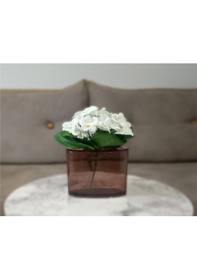 Vazoda Beyaz Yapay Çiçek Dekoratif Oval Kahverengi Vazo Dahil 13 x 5 x 15 CM