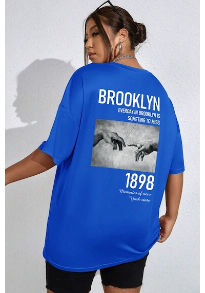 Unisex 1898 Brooklyn Baskılı T-shirt Mavi