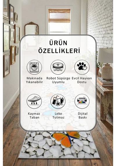 Taş Dekoratif Dijital Baskılı Kaymaz Yıkanabilir Yolluk Açık Gri