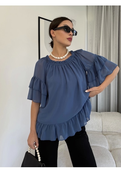 Lodmela Yaka Lastikli Şifon Bluz 6022-Indigo