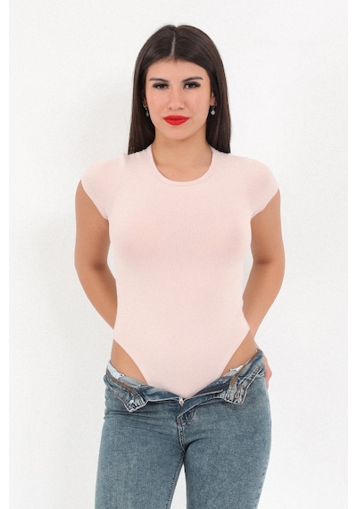Giysa Kadın Pudra Bisiklet Yaka Kısa Kollu Esnek Çıtçıtlı Body Zıbın - 2419 Pudra