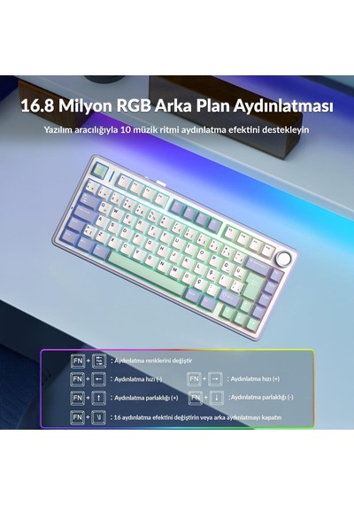 F75 Mekanik Rgb Tkl Graywood V4 Switch Kablosuz Makrolu Hot Swap Türkçe Q Klavye Pastel