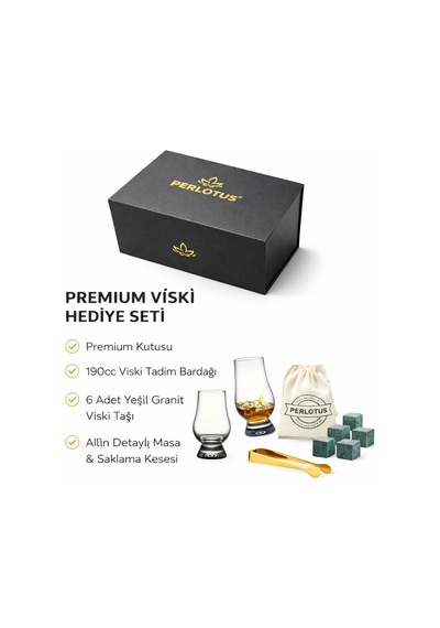 Perlotus Lotus Viski Tadım Seti 190 Ml Aroma Bardağı Ve Granit Viski Taşı Premium Hediye Tadımcı Seti Yeşil