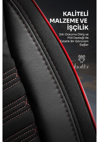 Siyah - Kırmızı Butti Libro Serisi Keten Kumaş Premium Oto Koltuk Kılıfı Destekli, Ön Arka Tam Set