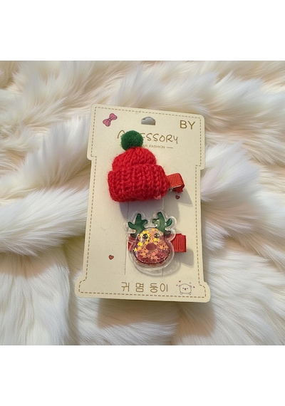 Noel Temalı 2'li Toka Seti Şapka + Geyik Christmas Hair Clip Set-209 Kırmızı