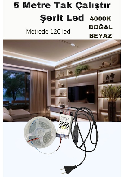 Dolap / Duvar 5 Metre Tak Çalıştır Mt/120 Led Şerit Led 4000k