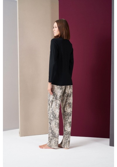 Pjs 26020 Kadın Love Yourself Yuvarlak Yaka Leopar Desen Uzun Kol Pijama Takım Siyah