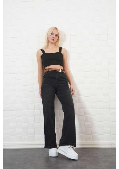 Ckm Moda Sare Yüksek Kalite Kadın Pileli Deri Kemerli Pantolon Siyah