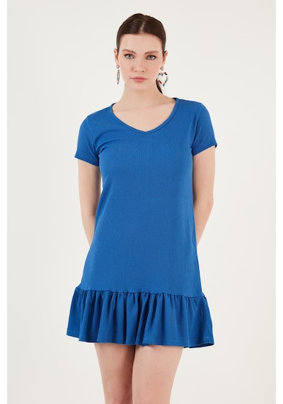 Lela Regular Fit Fırfırlı V Yaka Bürümcük Mini Bayan Elbise 5865071 Saks