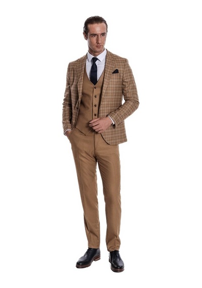 Wessi Ekose Ceketli Slim Fit Taba Erkek Takım Elbise Taba