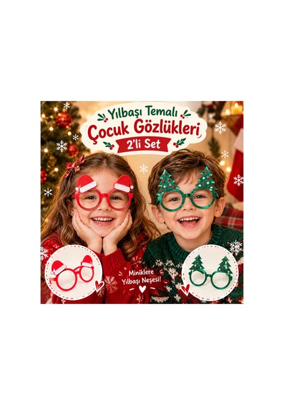 Yılbaşı Temalı Çocuk Gözlüğü 2 Li Set, Noel Baba Şapkası Ve Çam Ağacı Figürlü Parti Kostüm Aksesuarı